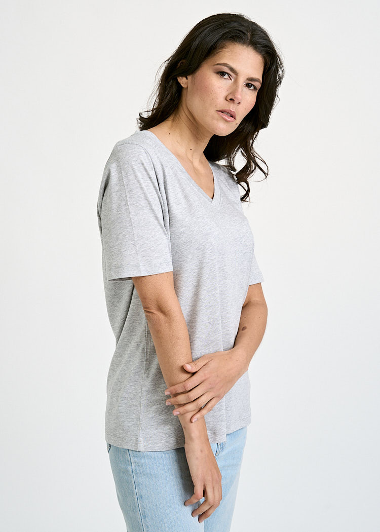 DAMEN WOODSHIRT V-AUSSCHNITT LOOSE LONGER GRAY MELANGE