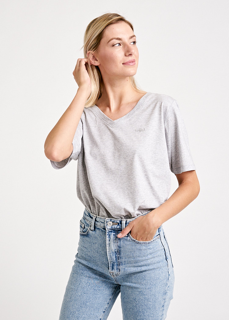 DAMEN WOODSHIRT V-AUSSCHNITT LOOSE LONGER GRAY MELANGE