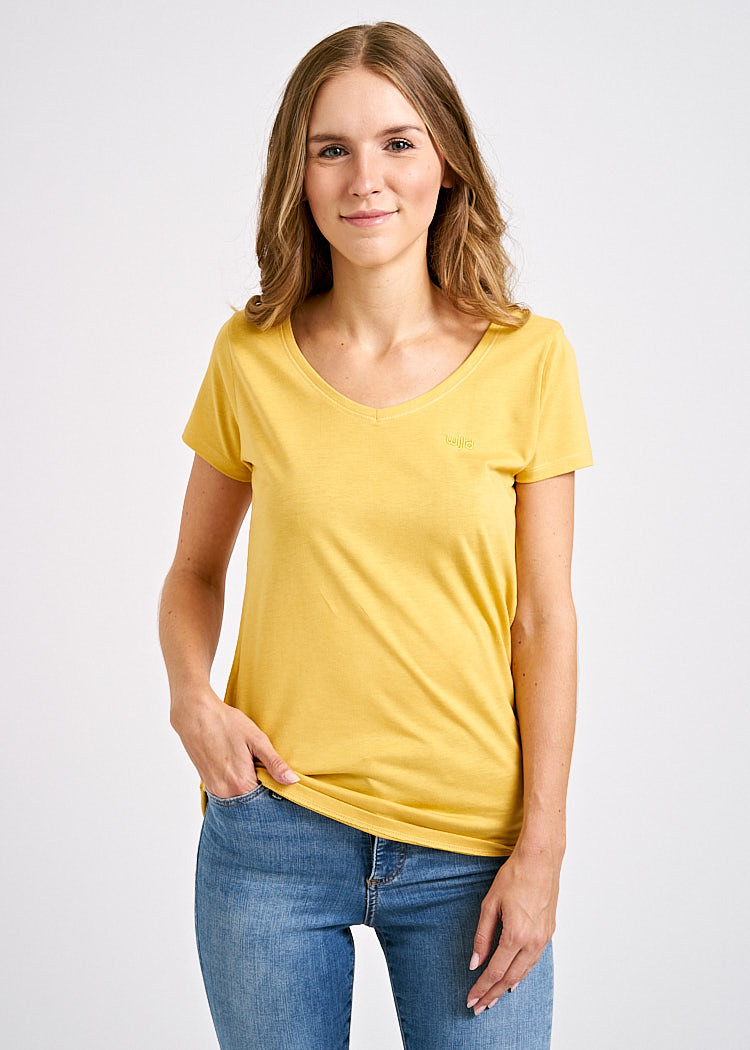 DAMEN V-AUSSCHNITT WOODSHIRT OCHRE